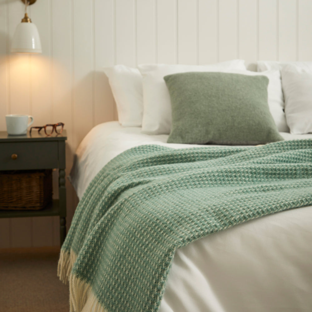 Tweedmill Waffle Pure New Wool Throw Blanket, Sea Green