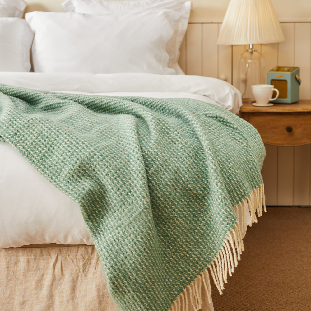 Tweedmill Waffle Pure New Wool Throw Blanket, Sea Green