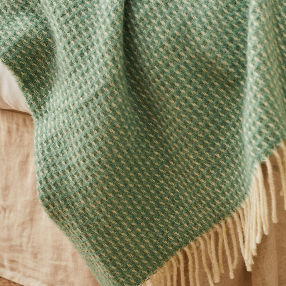 Tweedmill Waffle Pure New Wool Throw Blanket, Sea Green