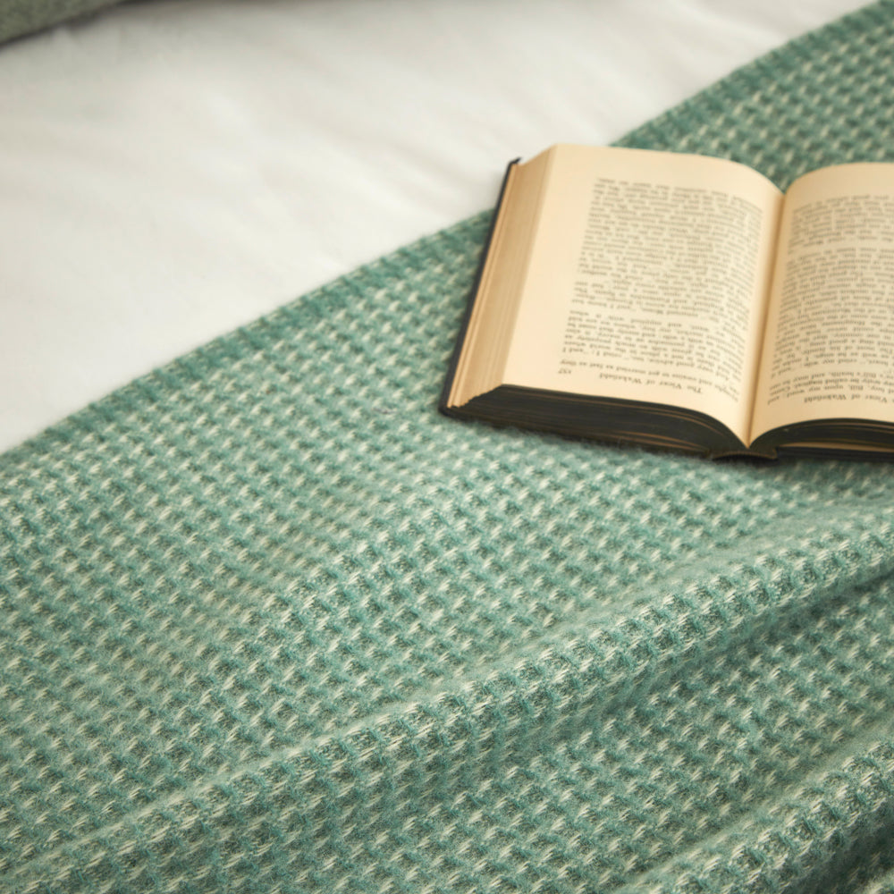 Tweedmill Waffle Pure New Wool Throw Blanket, Sea Green