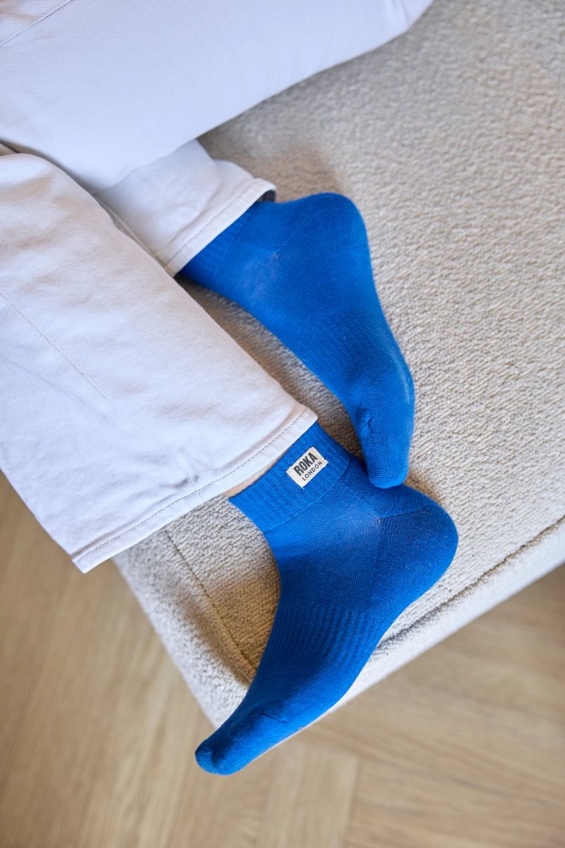 Roka London Wembley Organic Cotton Ankle Socks, Bright Blue