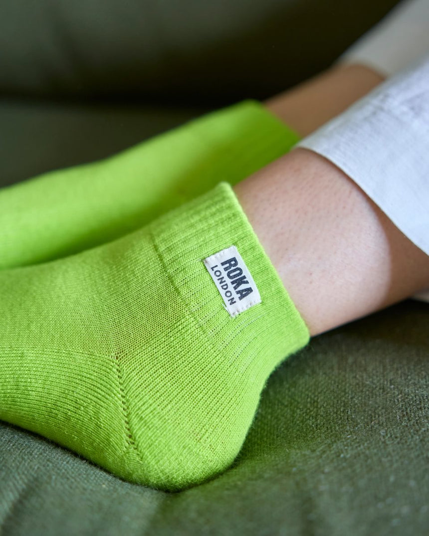 Roka London Wembley Organic Cotton Ankle Socks, Lime
