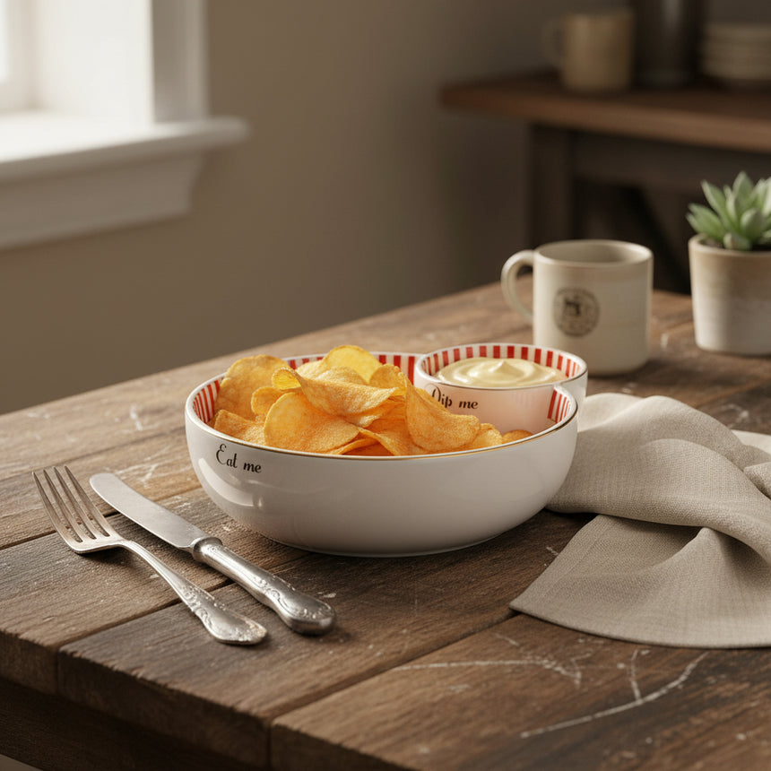 White bowl with red and gold interior on a white background