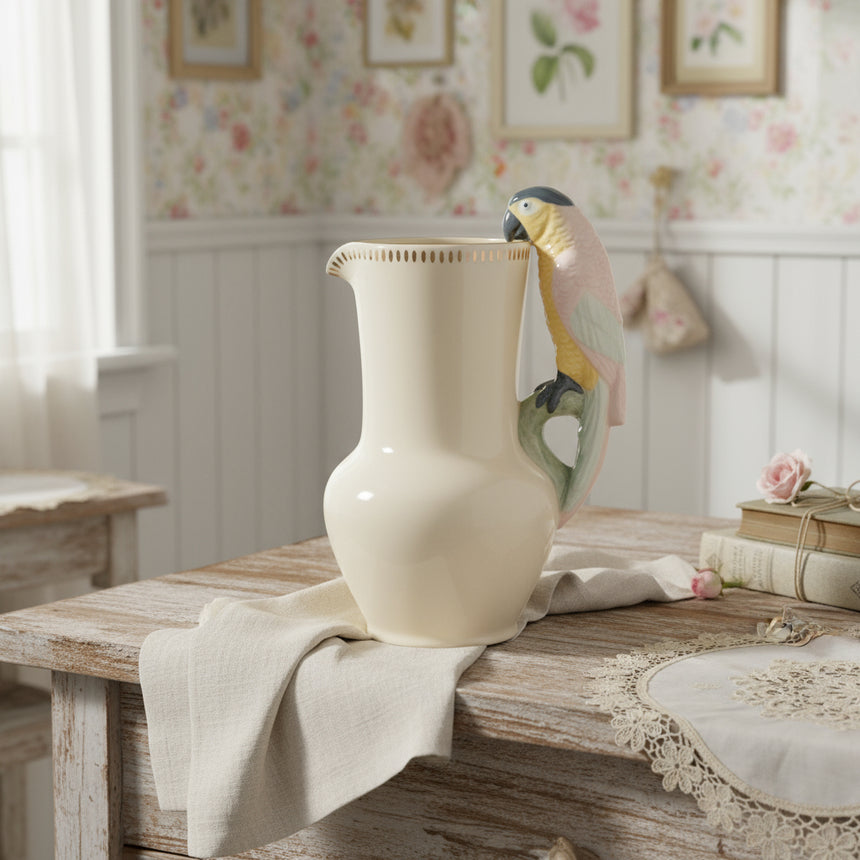 Ceramic pitcher with a bird design on a white background