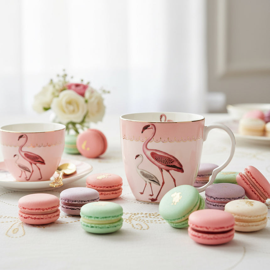 A large bone china mug with a pink and peach background featuring a vintage-style ridged handle, gold edge details, and a design of a flamingo with its chick.
