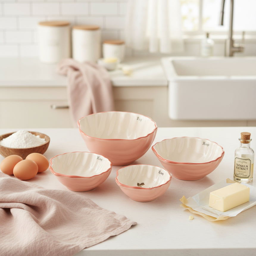Set of four pink ceramic measuring bowls with decorative edges on a white background