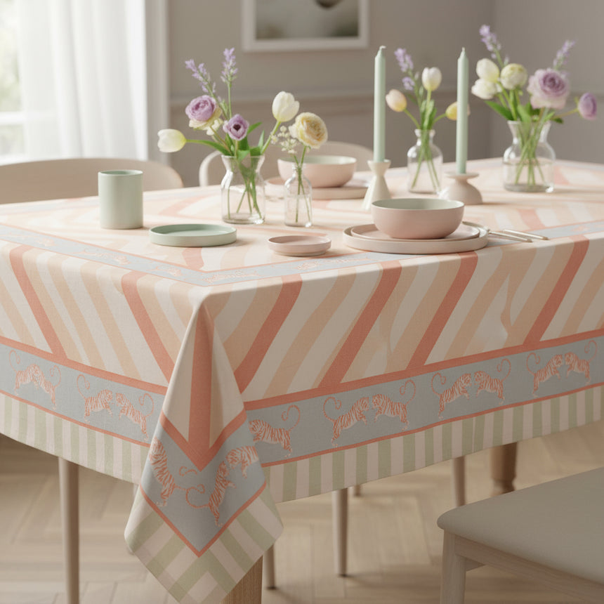 Close-up of a corner of a tablecloth with a tiger pattern in pastel colors on a striped background.