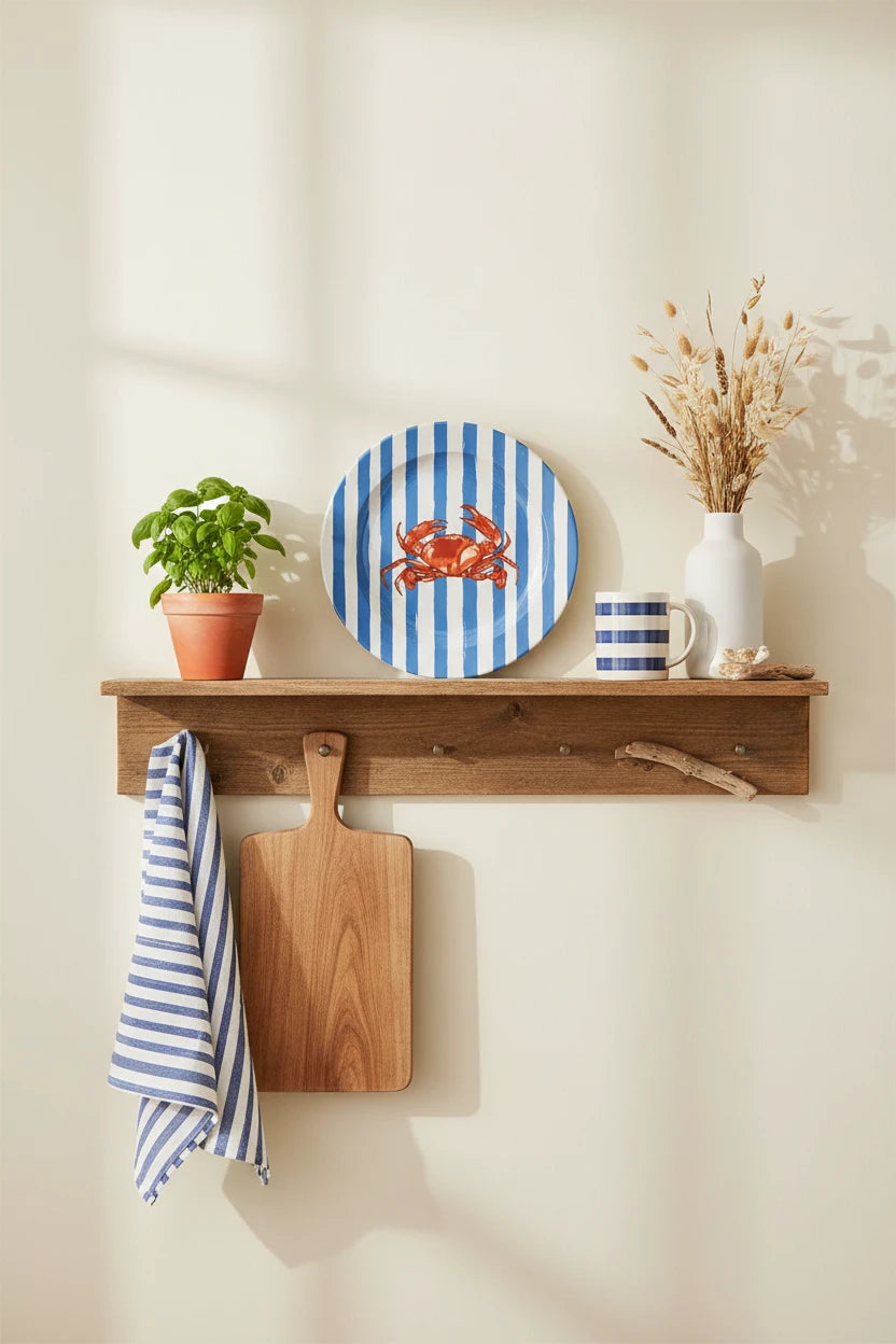 Red Crab Retro Blue Striped Ceramic Dinner Plate By Ezbie