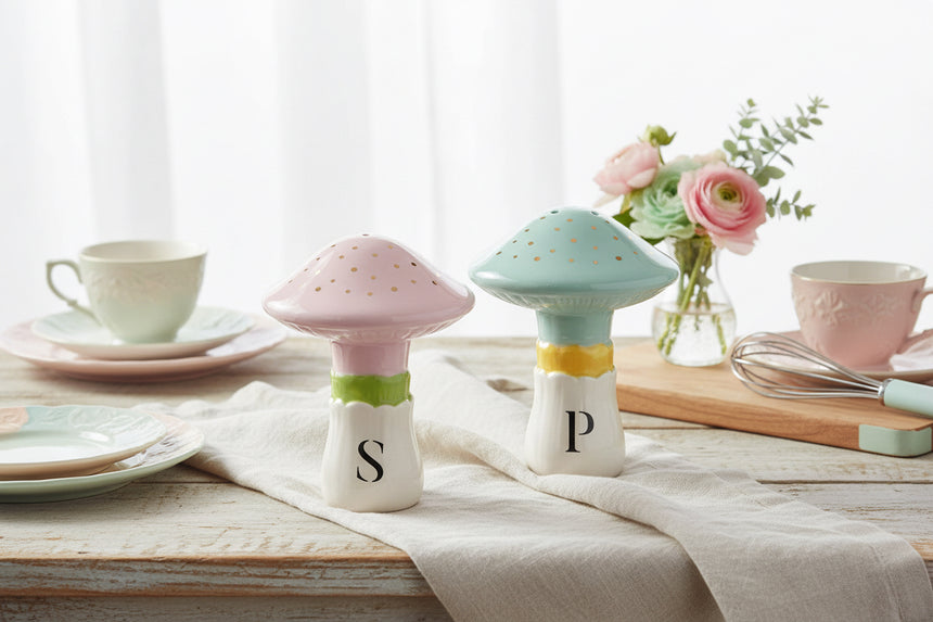 Mushroom-shaped salt and pepper shakers with 'S' and 'P' labels on a white background