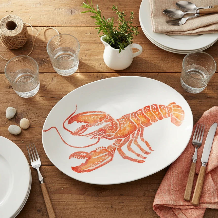 White plate with a red lobster design on a white background