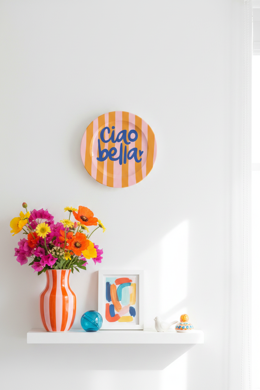 Round plate with 'Ciao bella' text on a striped background