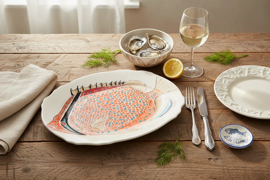 Decorative plate with a colorful fish design on a white background