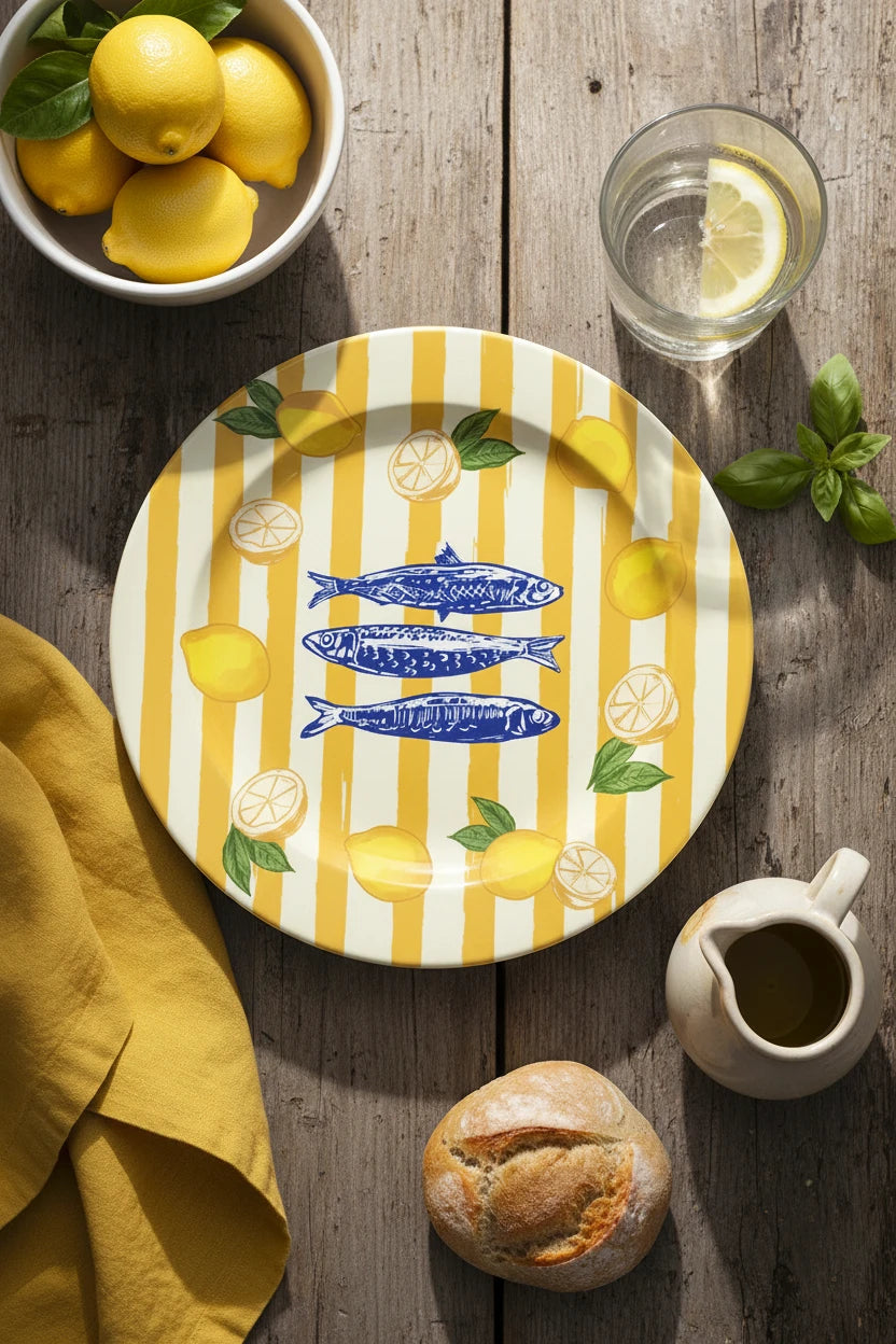 Decorative plate with blue fish, lemons, and yellow stripes on a white background
