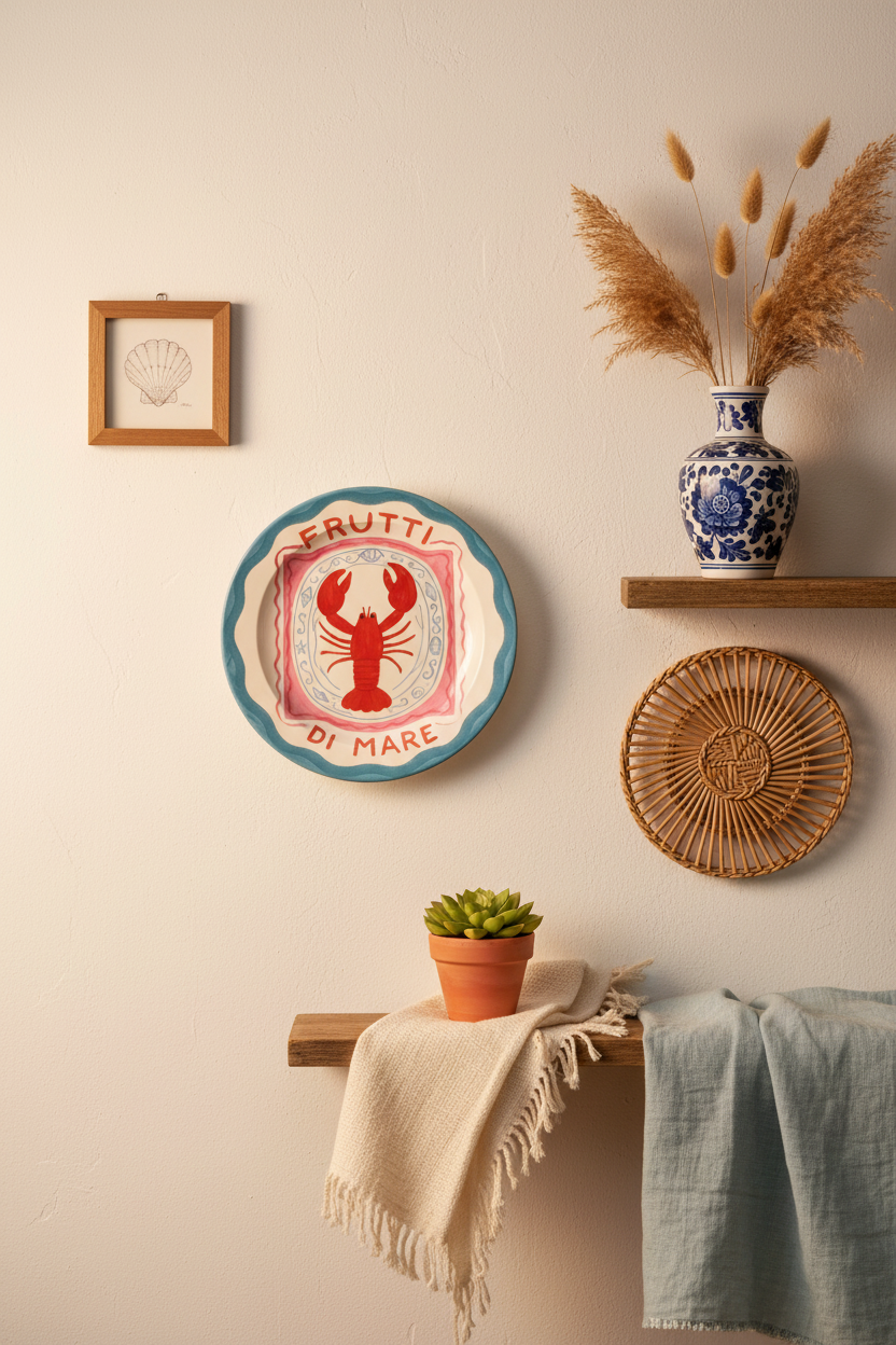 Decorative plate with a red lobster design and 'Frutti di Mare' text on a white background