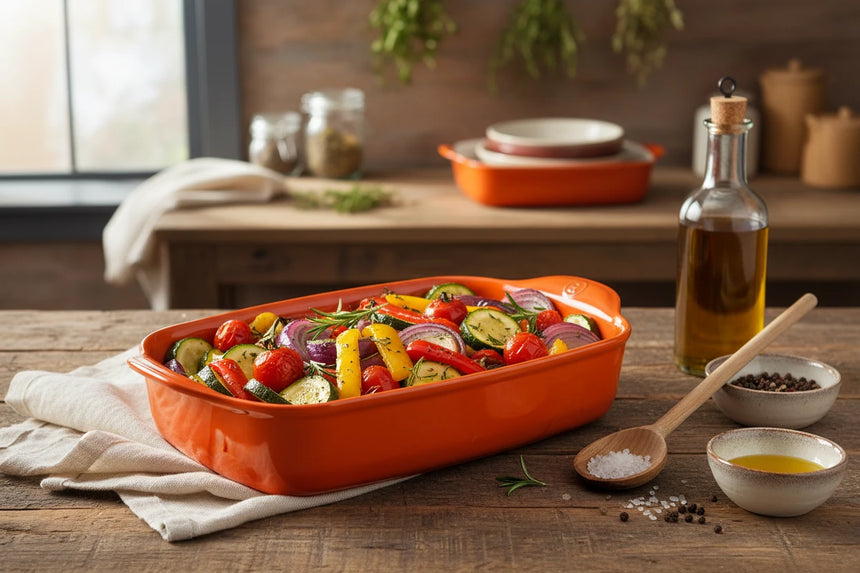 Orange rectangular baking dish on a white background