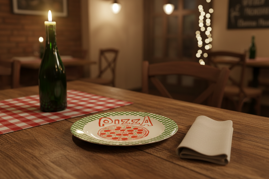 Decorative plate with a pizza design and checkered border on a white background