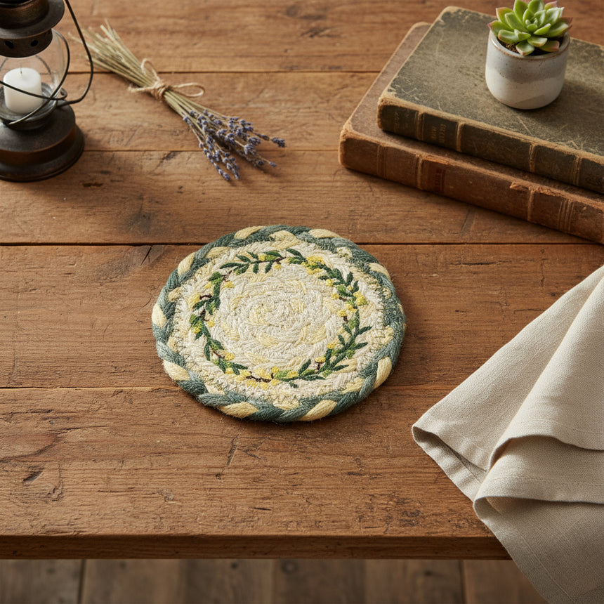 Round woven coaster with greenery design on a white background