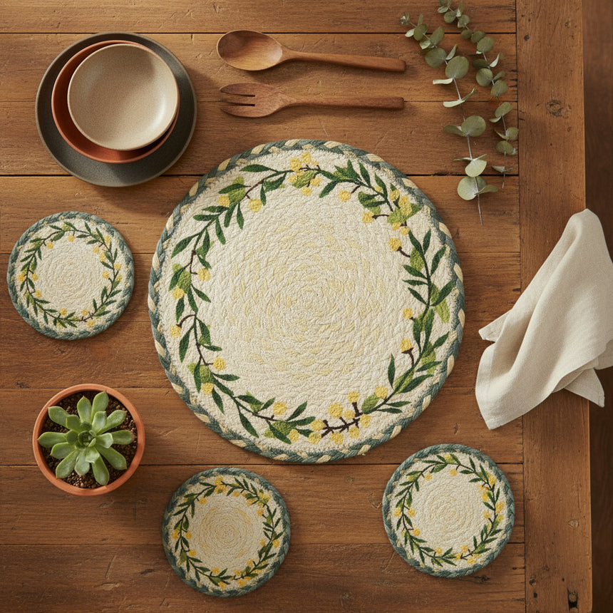 Round woven placemat with green leaf and yellow lemons design on a white background
