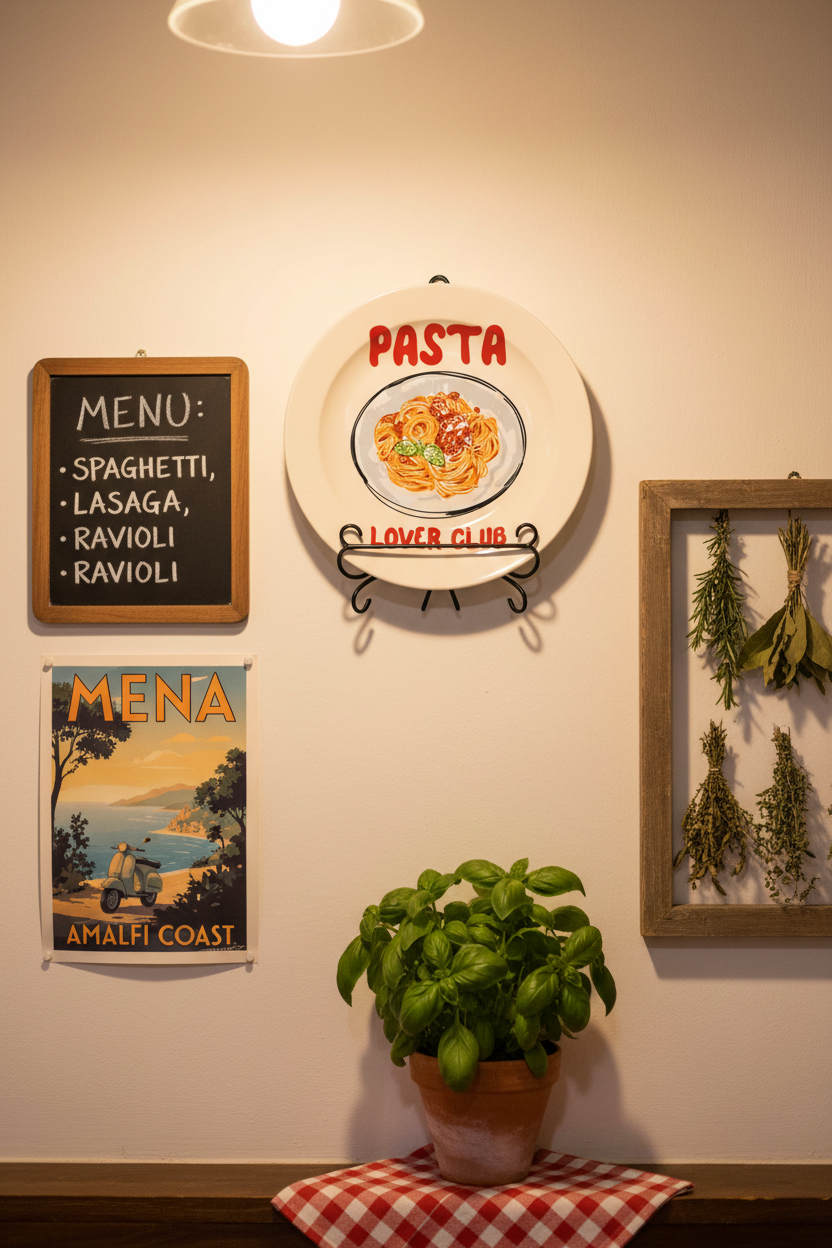 Decorative plate with a drawing of spaghetti and the text 'Pasta Lover Club' on a white background.