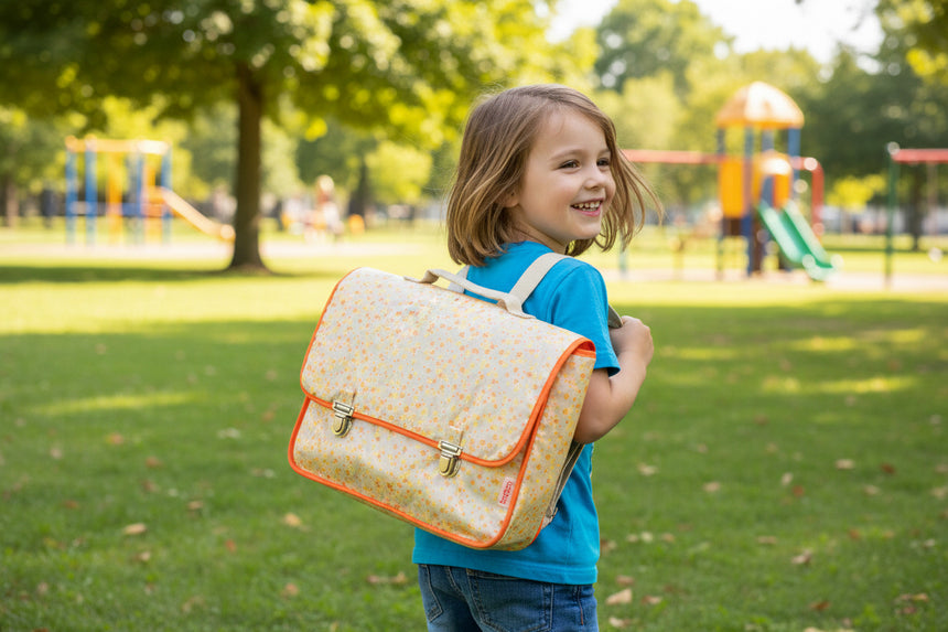An orange floral patterned satchel backpack with adjustable shoulder straps, a carry handle, and two push-lock clasps.