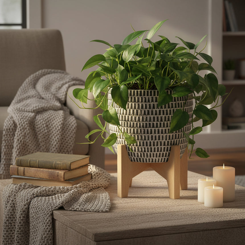 A matte black concrete plant pot with white geometric stripes, featuring a simplistic and minimalist design.