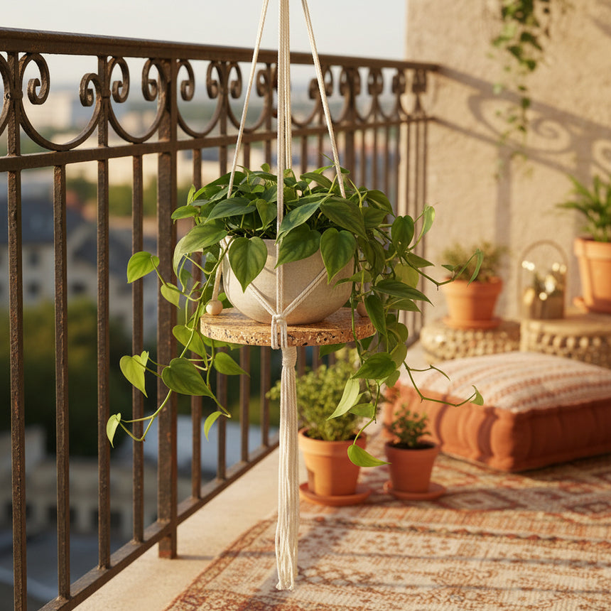 A hanging concrete plant hanger with a brownish tint and a metallic ring at the top, suspended by ropes.