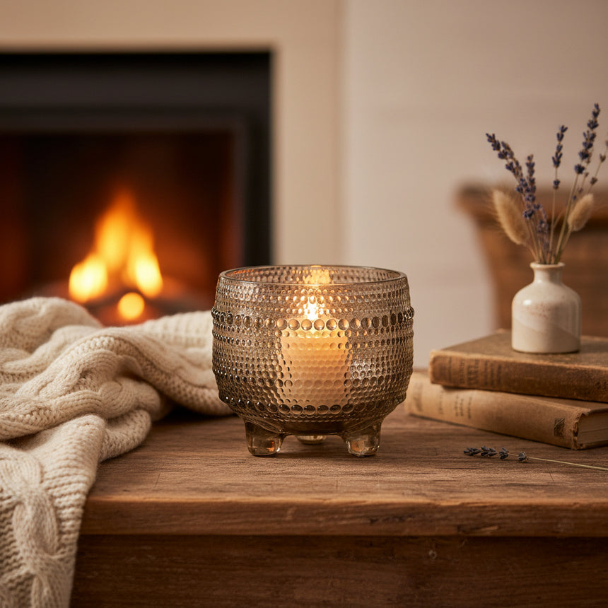 A smoke grey glass votive candle holder with intricate detailing, placed on a matching glass base.