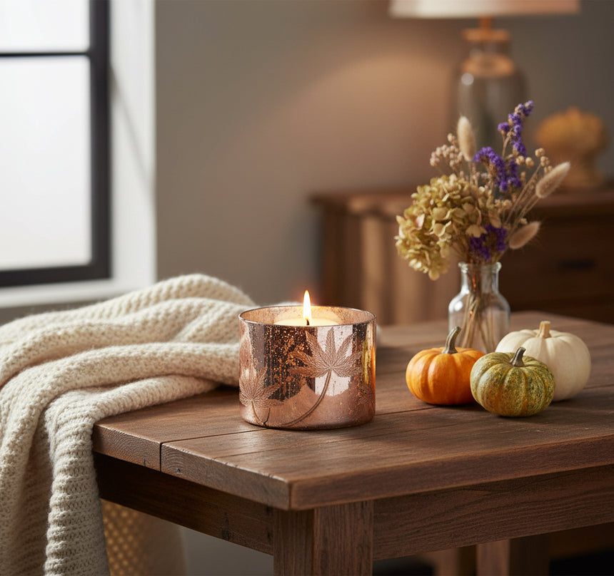 A gold and blush hued candle holder with palm leaf embellishments.