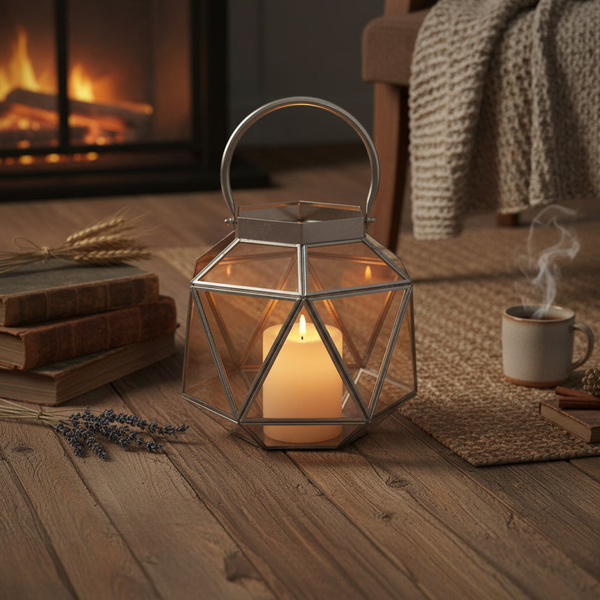 A hexagonal-shaped, amber-colored glass lantern with a metal handle at the top.