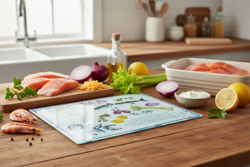 Worktop saver with fish & cooking ingredients illustrations