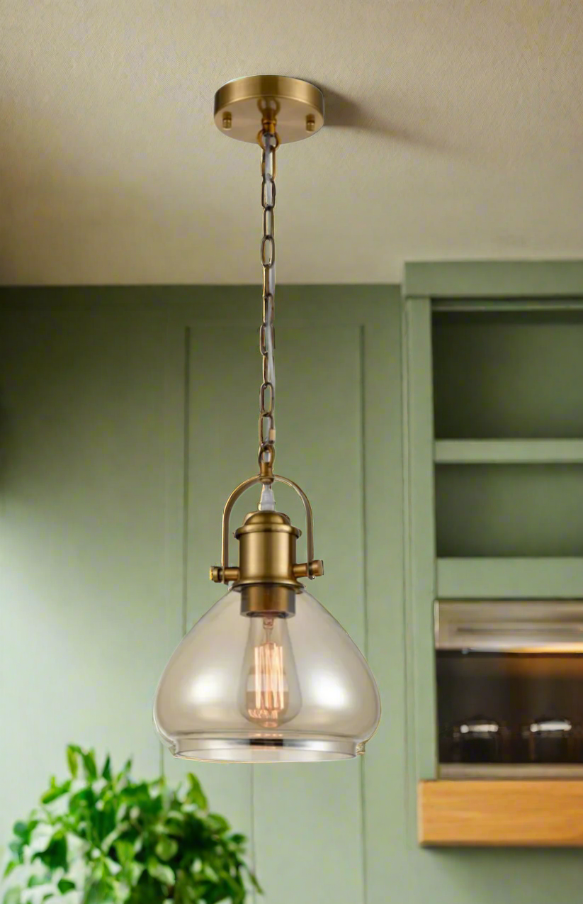 Vista Amber Glass Pendant, Antique Brass
