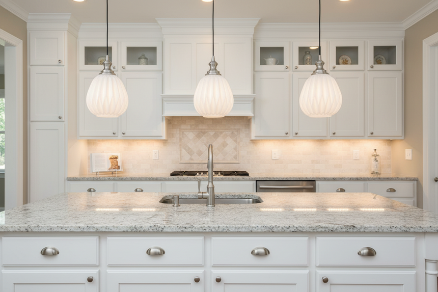 A contemporary white ribbed glass pendatn light with satin nickel metal work, featuring a long metal chain and a round glass shade.