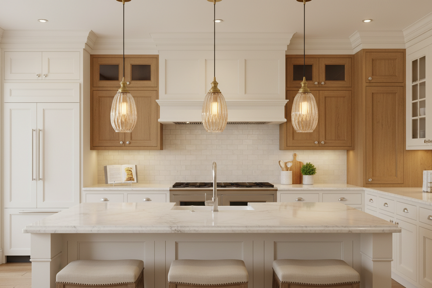 An oval-shaped pendant light with a champagne-colored amber ribbed glass shade and bronze metalwork, including a ceiling mount and a chain of lights.