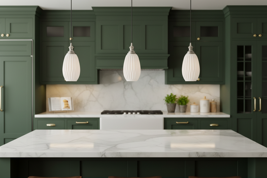 An oval-shaped pendant light with a white ribbed glass shade and a satin nickel metal work, featuring a contemporary design.