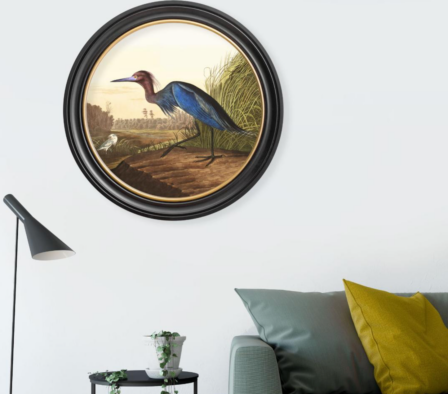 Vintage Round Framed Print, Blue Heron