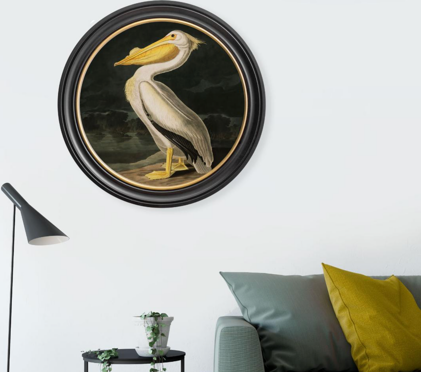 Vintage Round Framed Print, Pelican