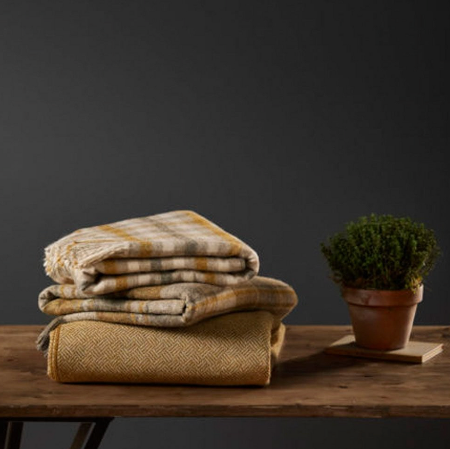 Bronte By Moon Herringbone Shetland Wool Throw Blanket, Gold