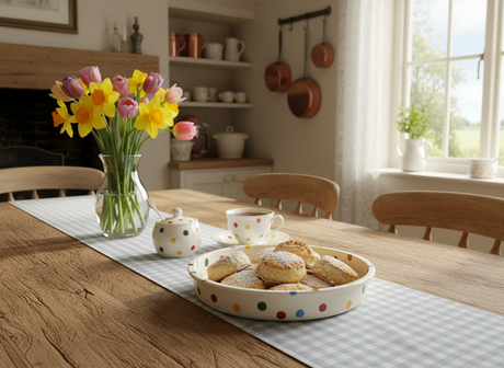 A round mini serving tray with white background and multicolored polka dots designed by Emma Bridgewater.