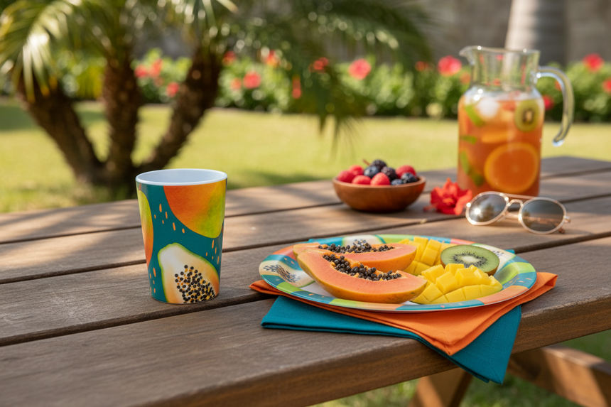 A teal green melamine picnic beaker with a colorful illustration of a papaya fruit pattern on it.