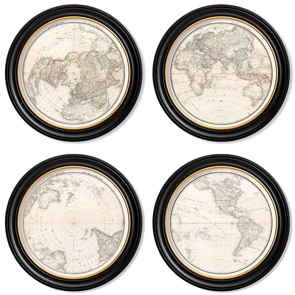 Vintage Round Framed Print, World Hemispheres, Western Hemisphere