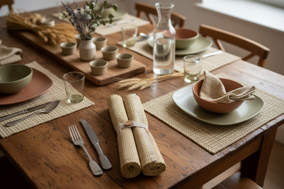 Rolled placemats  with a wooden button on a wooden table with cutlery and a glass.