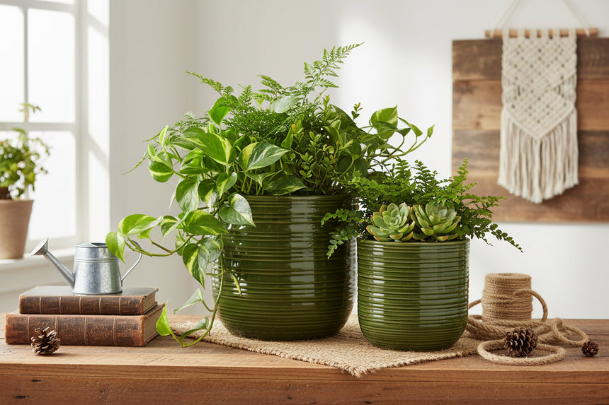 Two green ribbed ceramic planters on a white background