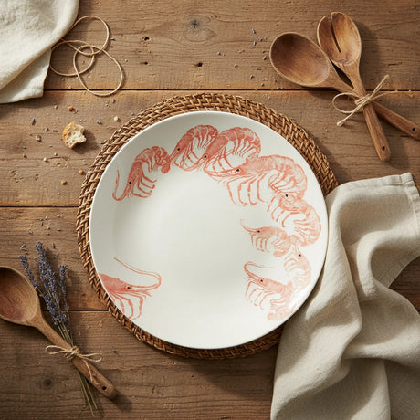 Round plate with pink shrimp design on a white background