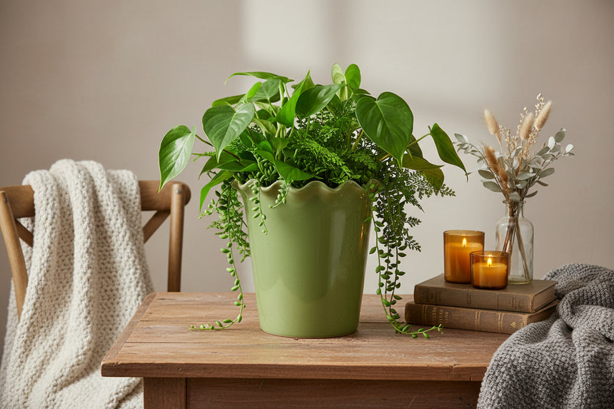 Green ceramic planter with ruffled edge on a white background