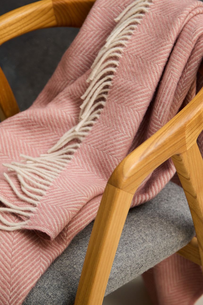 Tweedmill Fishbone Pure New Wool Throw, Dusty Pink & Pearl