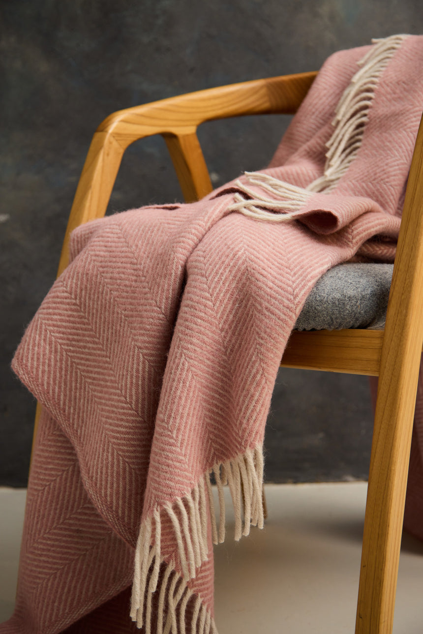 Tweedmill Fishbone Pure New Wool Throw, Dusty Pink & Pearl
