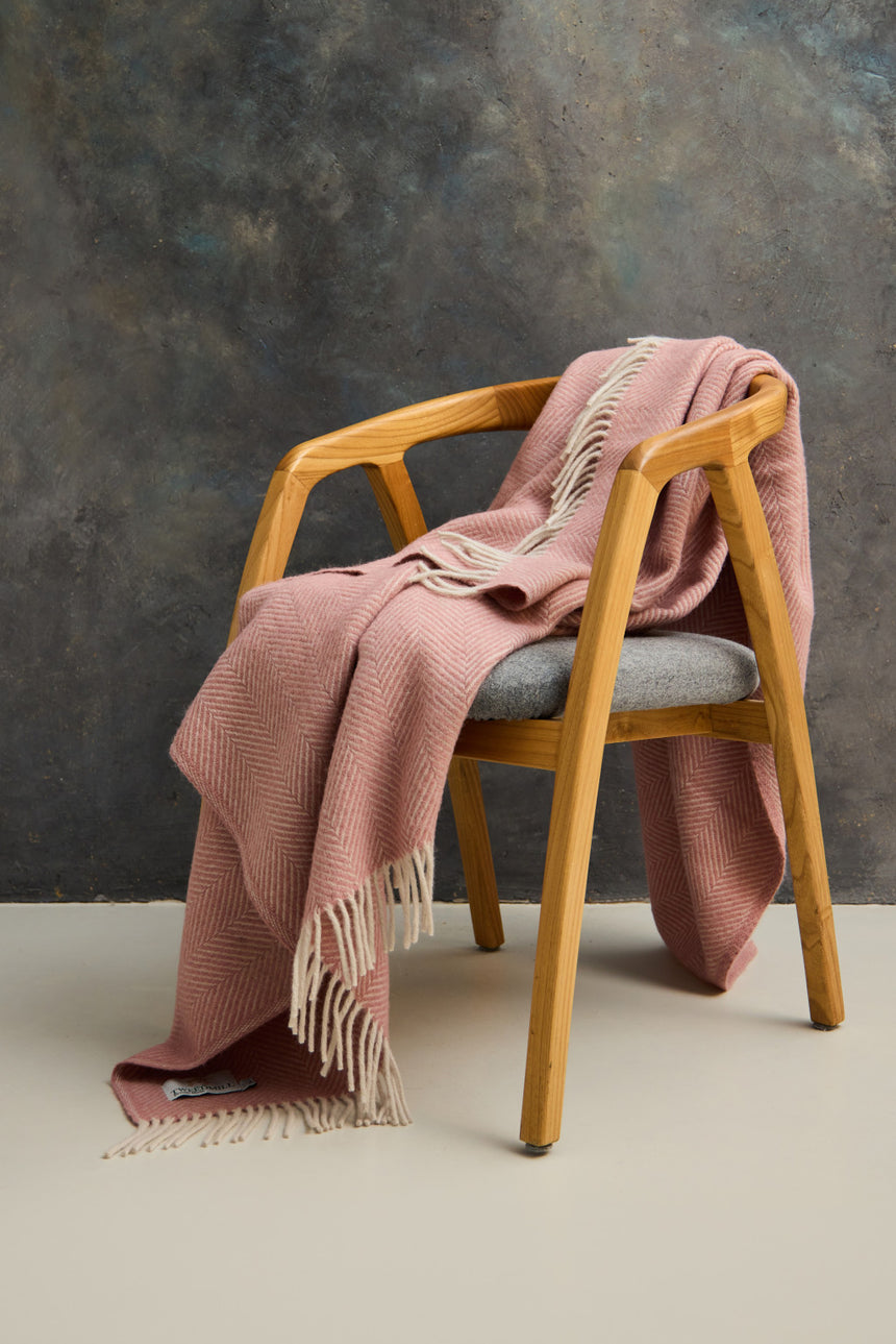 Tweedmill Fishbone Pure New Wool Throw, Dusty Pink & Pearl