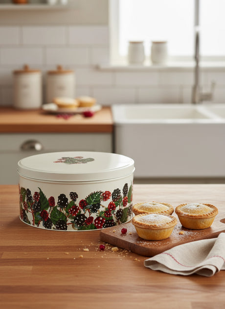 Round decorative box with holly berry design on a white background