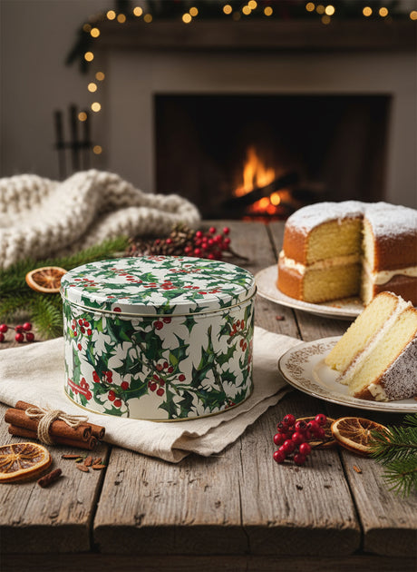 Round decorative box with holly pattern on a white background