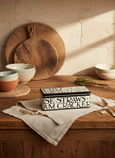 Rectangular tin box with text on a white background